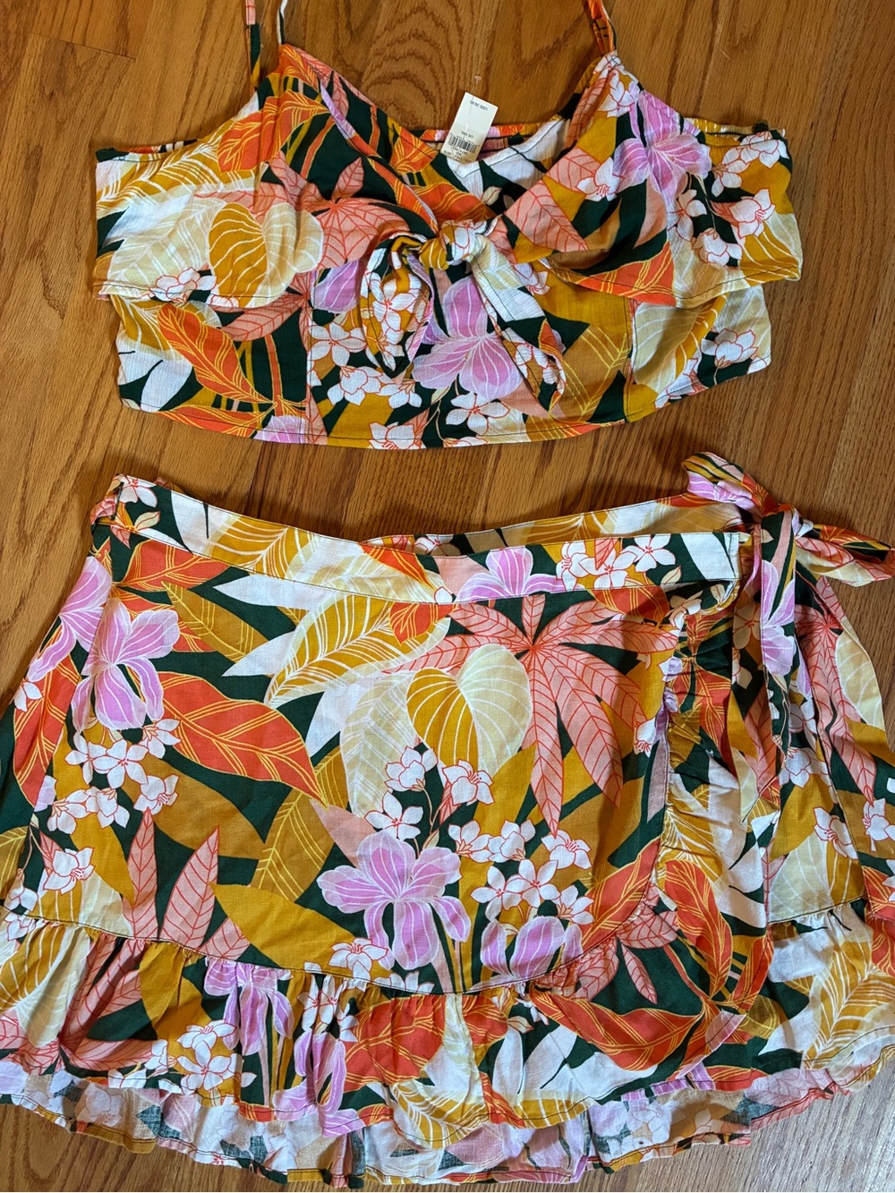 NWT Aerie Skirt & Top Set Floral Wrap Orange/Pink Size XXL Linen Blend Tropical - Picture 5 of 11